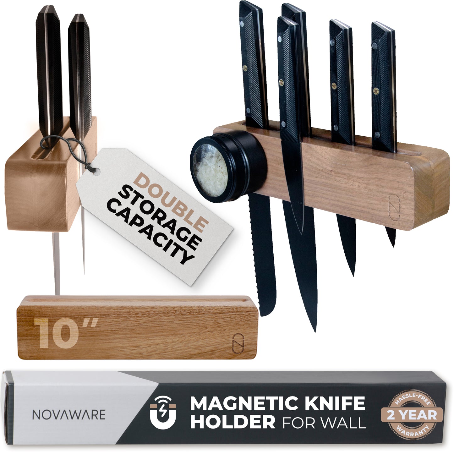 Premium Wooden Magnetic Knife Holder with 2x Storage