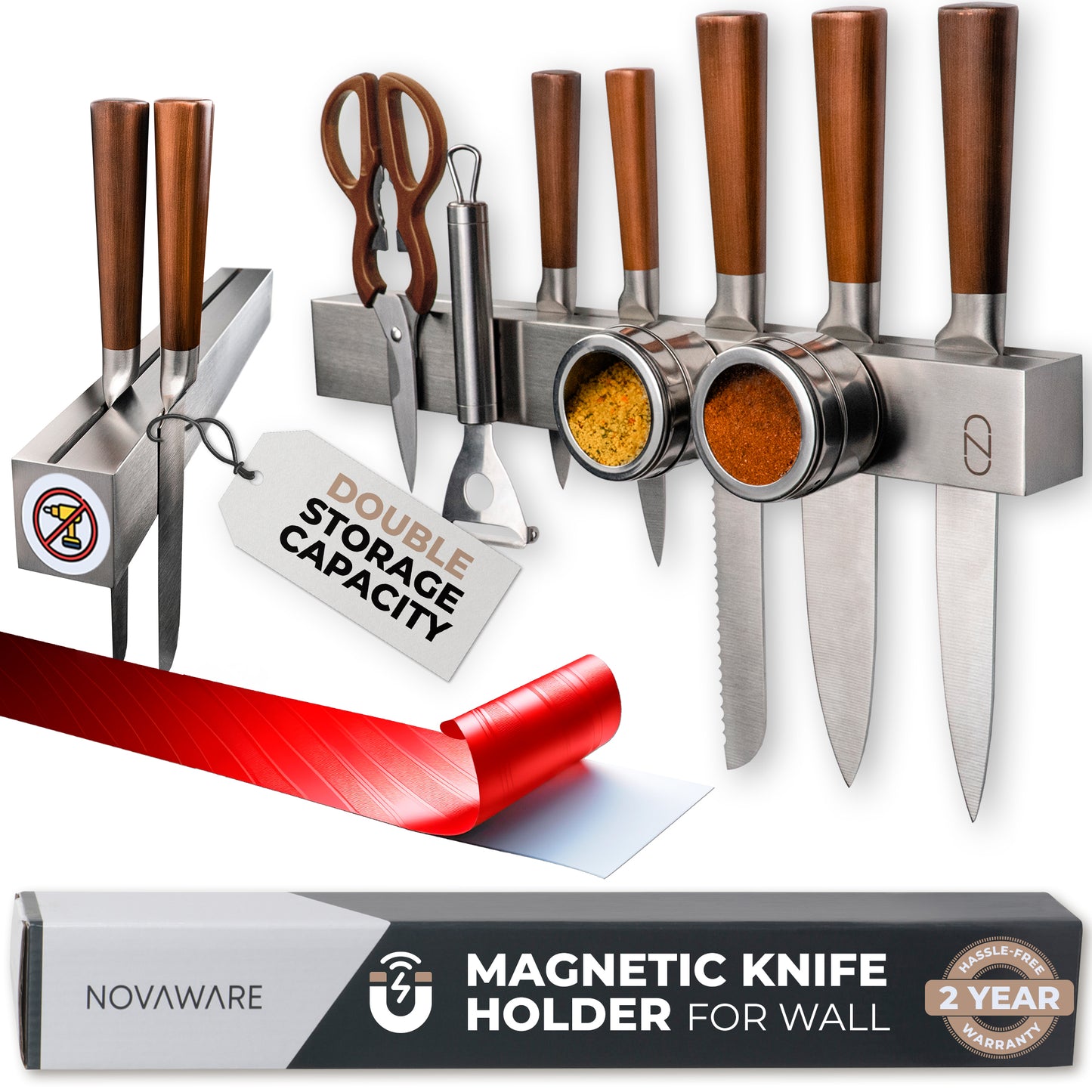 Premium Stainless Steel Magnetic Knife Holder with 2x Storage