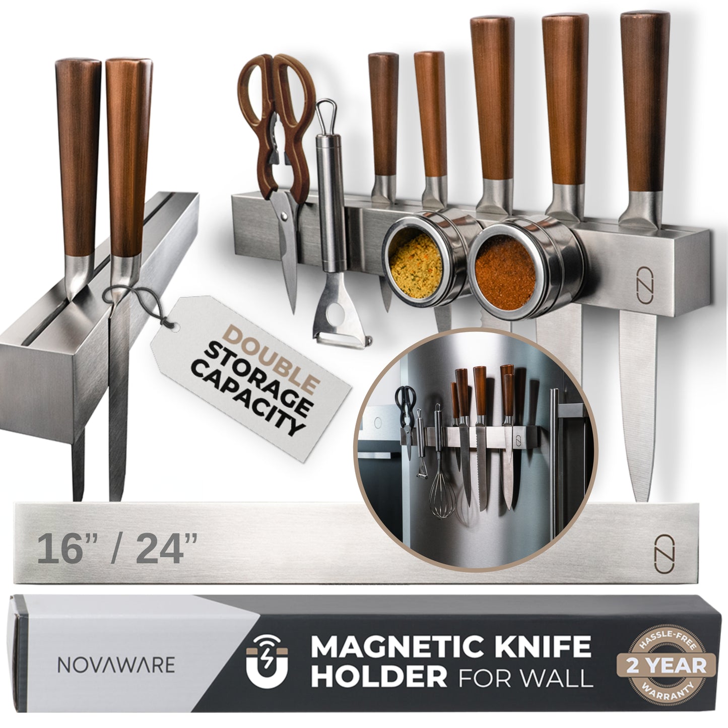 Premium Stainless Steel Magnetic Knife Holder with 2x Storage