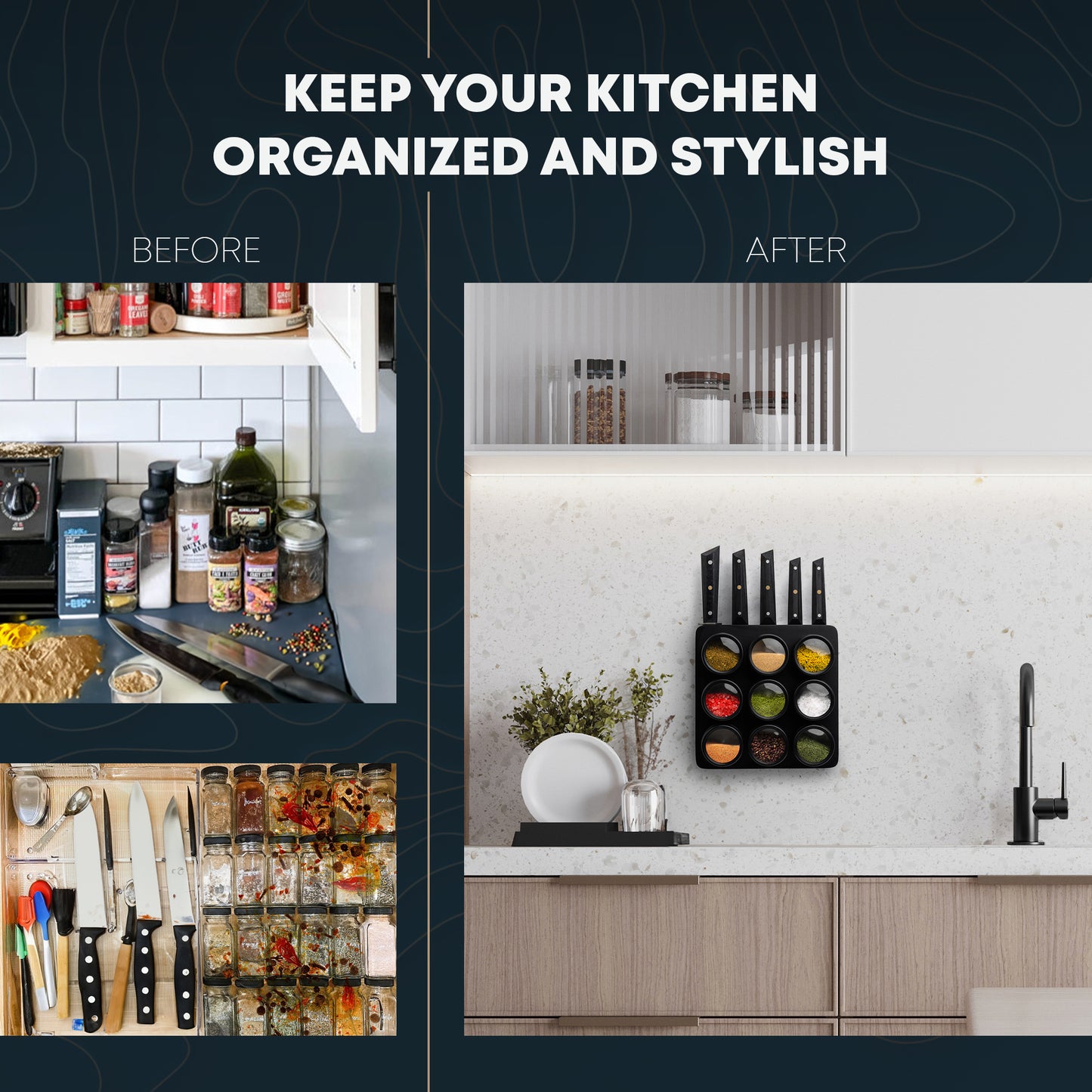 3-in-1 Magnetic Knife Block, 5 Piece Knife Set, Spice Rack Bundle