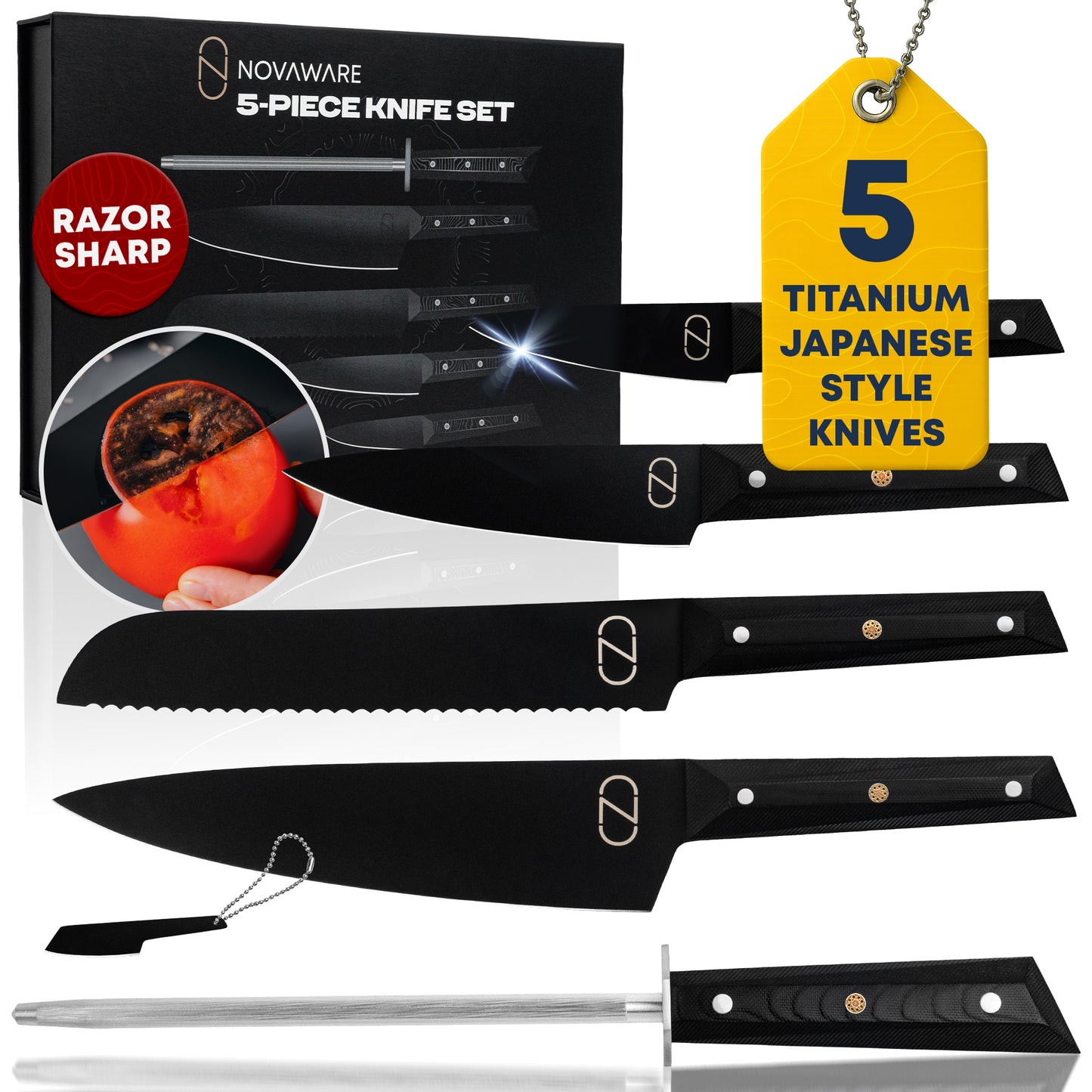 Novaware 5-piece knife set with packaging and knives displayed.
