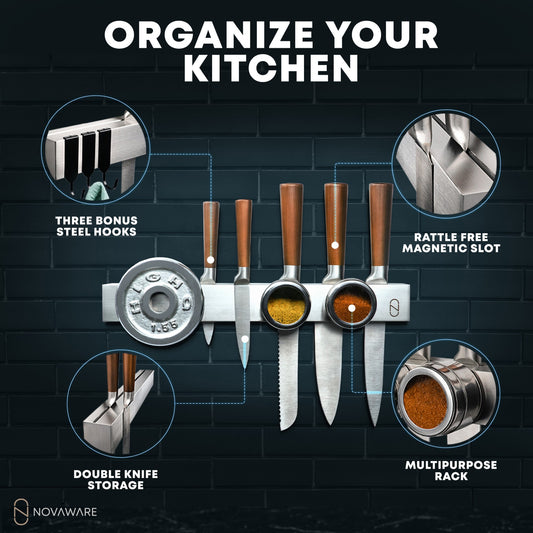 Knife organizer with features highlighted on a dark brick wall background