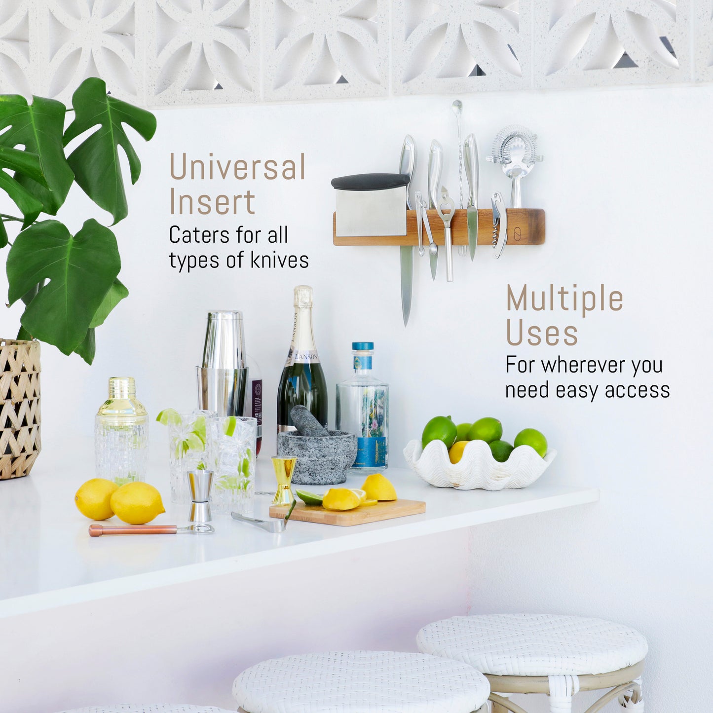 Kitchen counter with bottles, glasses, and a plant, featuring text about a universal knife insert.