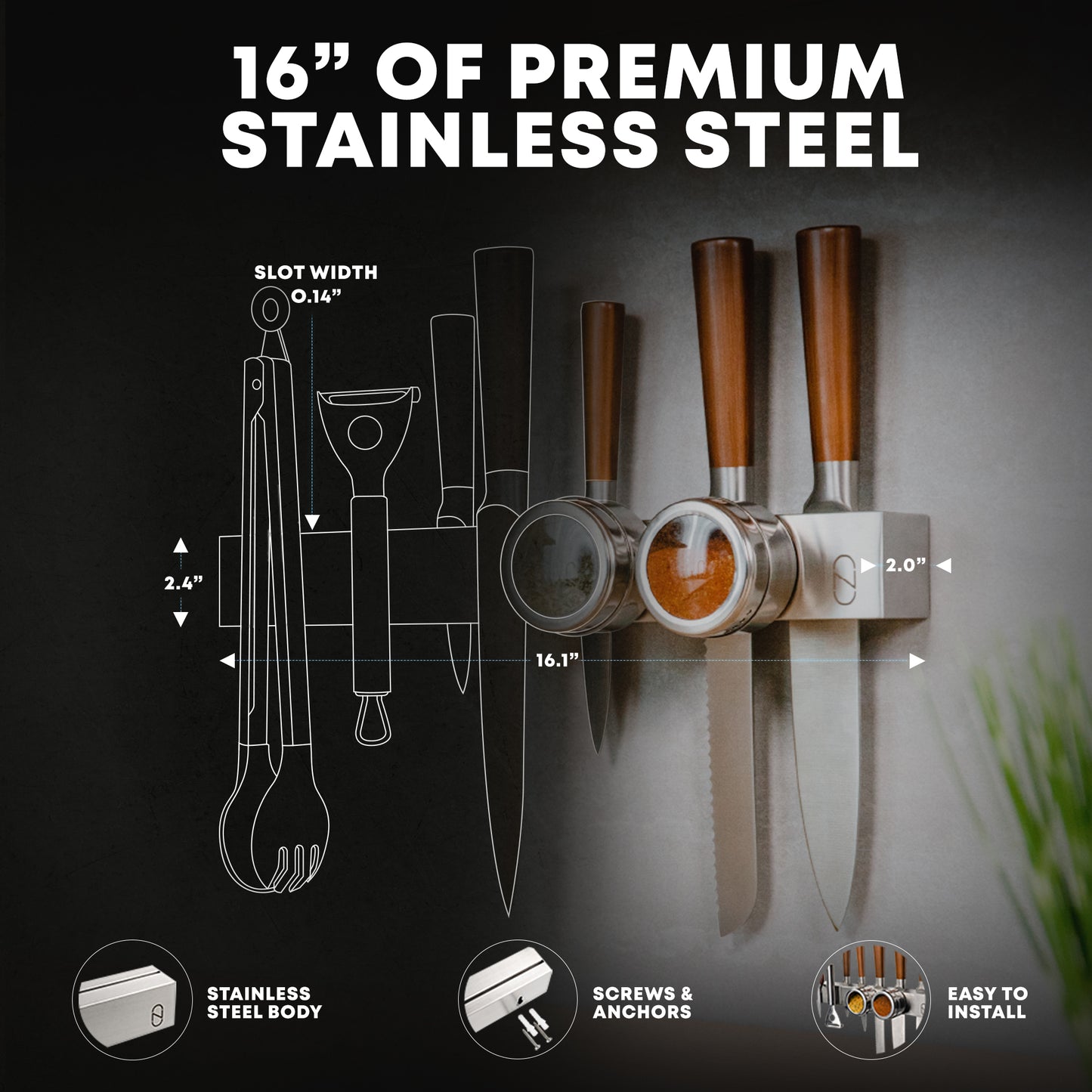 Wall-mounted magnetic knife holder with tools and measurements on a dark background