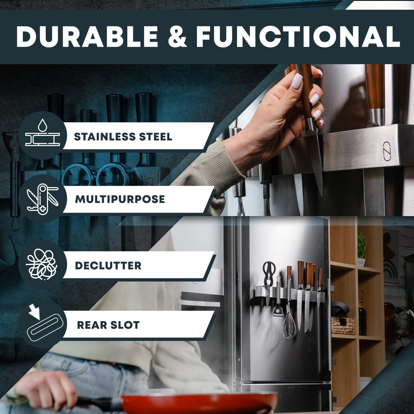 Stainless steel kitchen organizer with text highlighting features like 'Stainless Steel', 'Multipurpose', 'Declutter', and 'Rear Slot'.