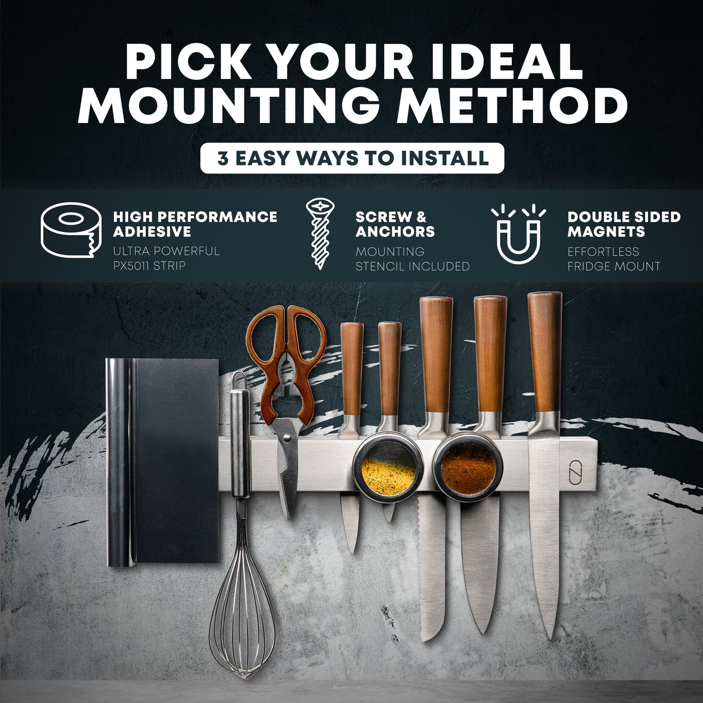 Knife holder with various mounting methods displayed on a dark background