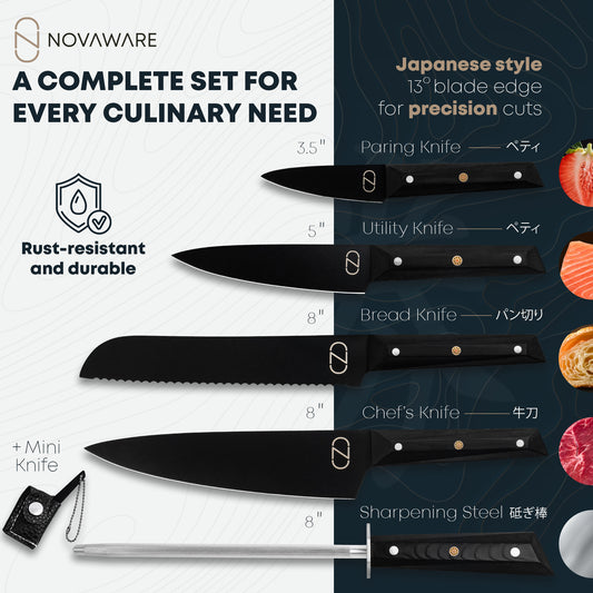 5-Piece Knife Set - 60 HRC Black Titanium Coated Steel