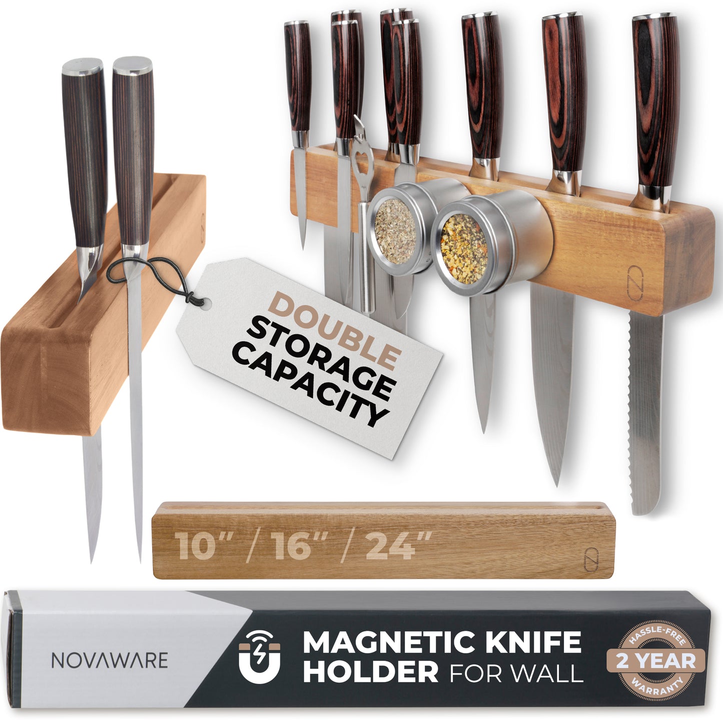 Premium Wooden Magnetic Knife Holder with 2x Storage