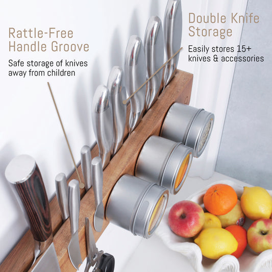 Knife storage rack with silver knives and containers, next to a bowl of fruits.