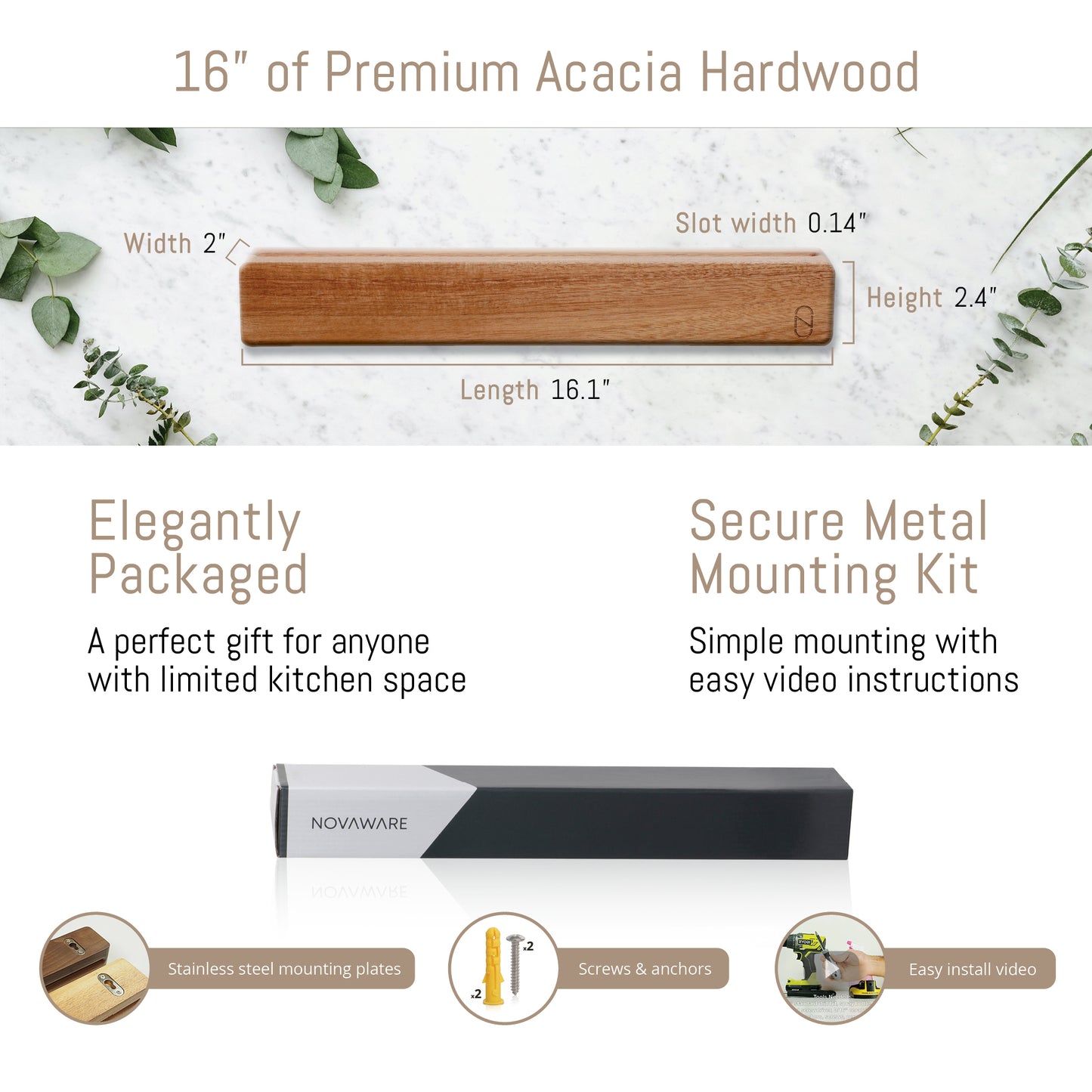Wooden strip with product details and packaging on a white background