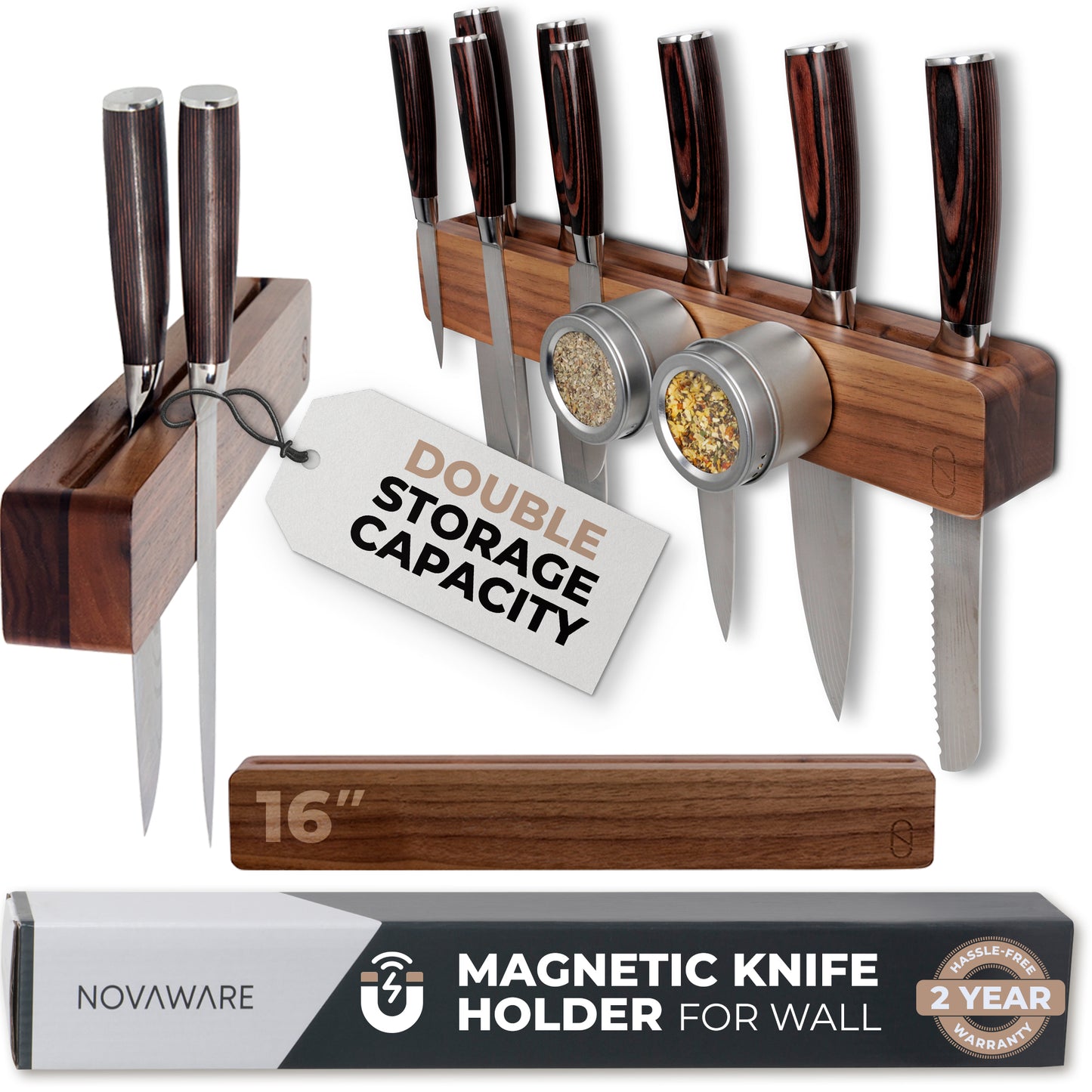 Premium Wooden Magnetic Knife Holder with 2x Storage