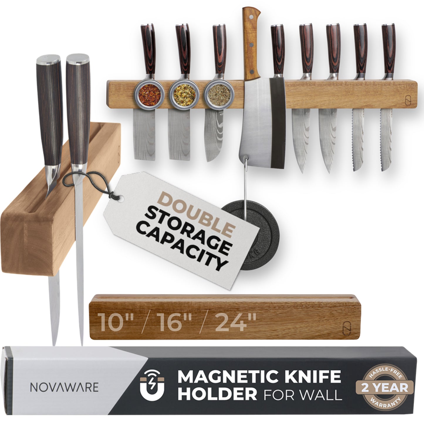 Premium Wooden Magnetic Knife Holder with 2x Storage