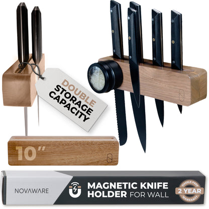 Premium Wooden Magnetic Knife Holder with 2x Storage