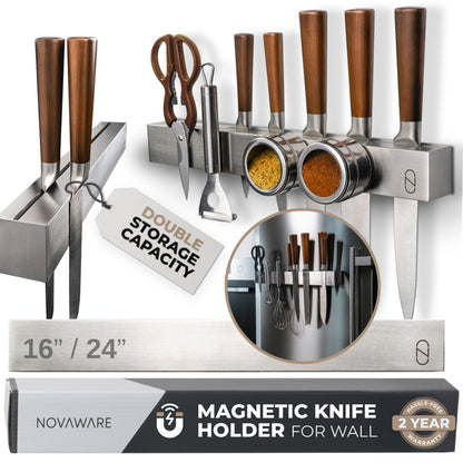 Premium Stainless Steel Magnetic Knife Holder with 2x Storage
