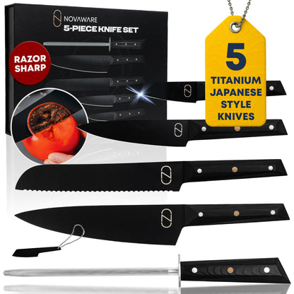 Novaware 5-piece knife set with packaging and knives displayed.