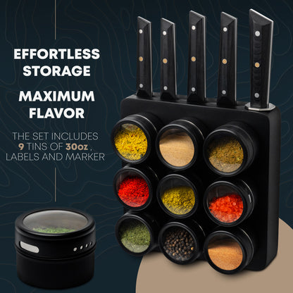 3-in-1 Magnetic Knife Block, 5 Piece Knife Set, Spice Rack Bundle