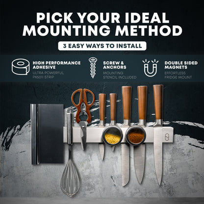 Knife holder with various mounting methods displayed on a dark background