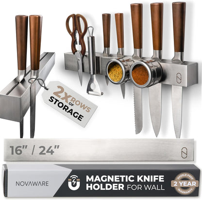 Magnetic knife holder with various knives and tools on a white background
