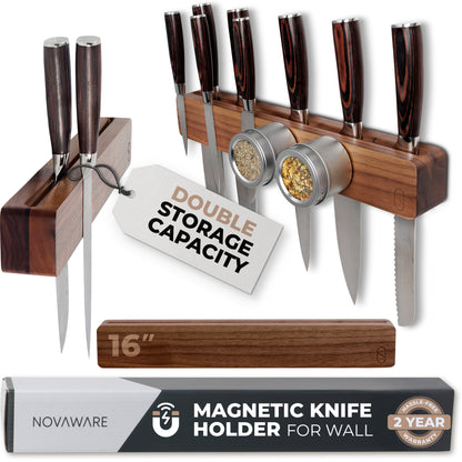 Premium Wooden Magnetic Knife Holder with 2x Storage